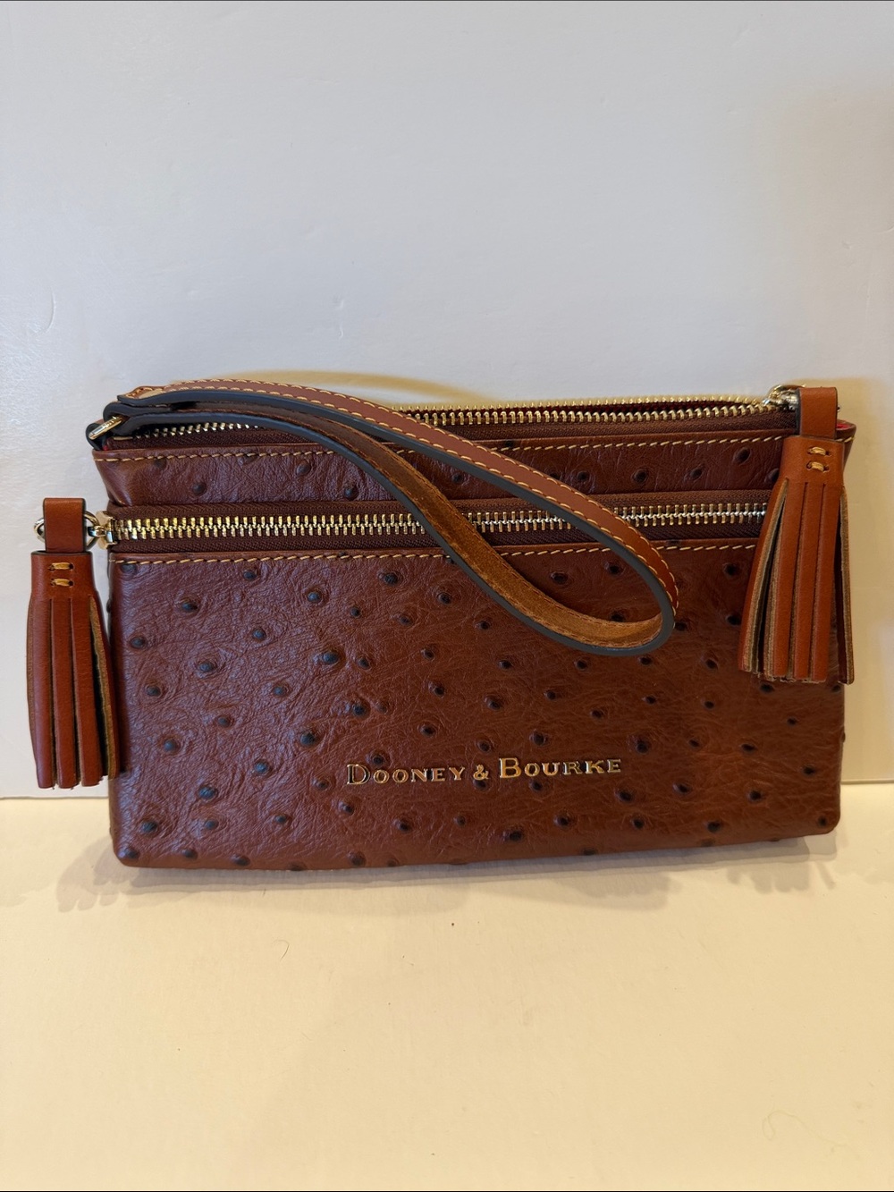 Dooney & Bourke Chestnut Brown Ostrich-Embossed Leather Wristlet